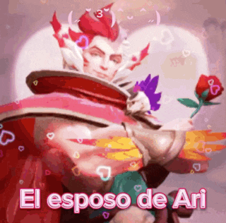 a man in a heart shaped hat is holding a rose and the words el esposo de ari are above him .