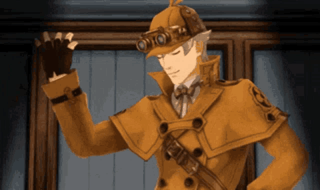 a man in a yellow coat and hat with a sherlock holmes hat