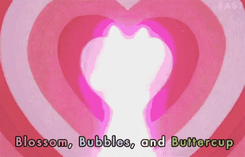 a pink heart with the words blossom , bubbles , and buttercup on it