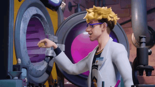 a cartoon character in a lab coat with a name tag that says " chris "