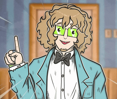 a cartoon drawing of a man with curly hair and green glasses pointing upwards
