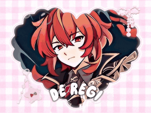 a picture of a red haired anime character with the name dereg written on the bottom
