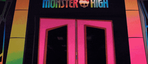 a monster high sign with a pink door in front of it