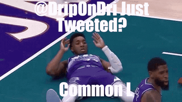 a basketball player is laying on the court with the caption " dripondri just tweeted "