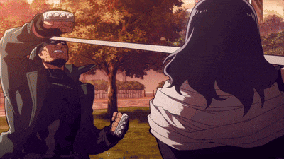 a man and a woman are fighting with a sword