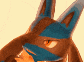 a close up of a cartoon character 's face with a blue mask on it 's face .