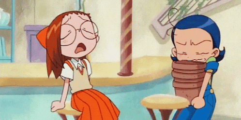 a cartoon girl with glasses is sitting next to another girl holding a pot