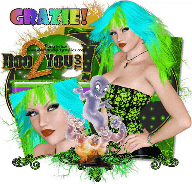 a picture of a woman with green hair says grazie