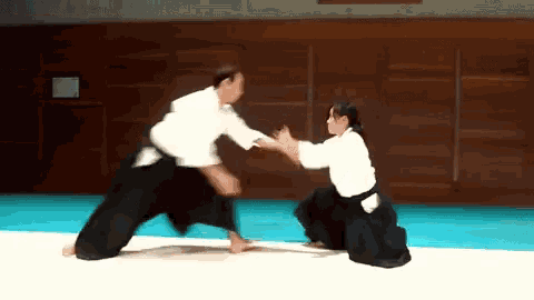 a man and a woman are practicing martial arts together