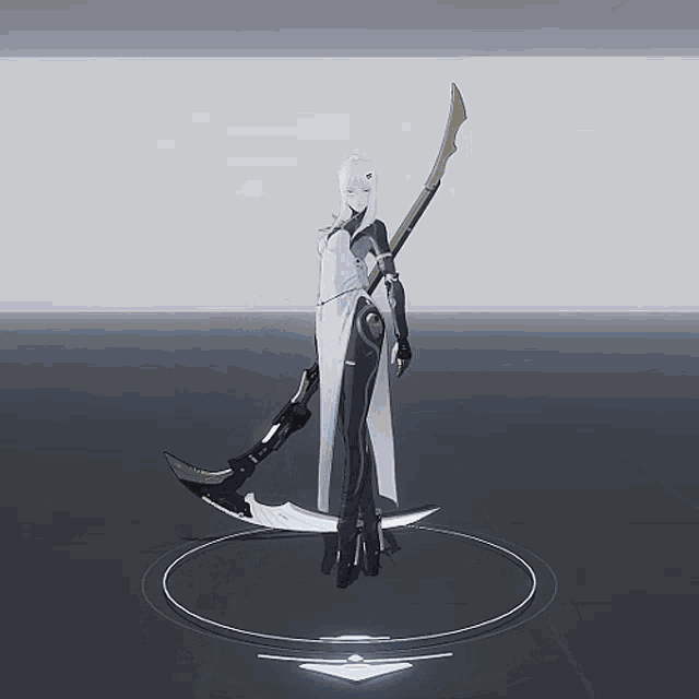 a woman with white hair is holding a scythe in her hand