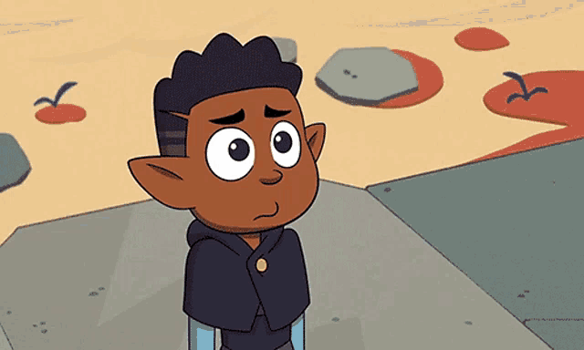 a cartoon character with a sad look on his face is standing on a rock .