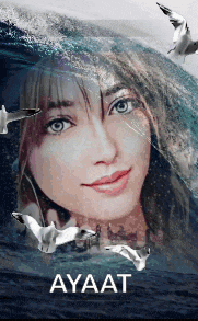 a woman 's face is surrounded by seagulls on a poster that says ' ayat ' on it