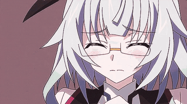 a girl with white hair and glasses is making a silly face