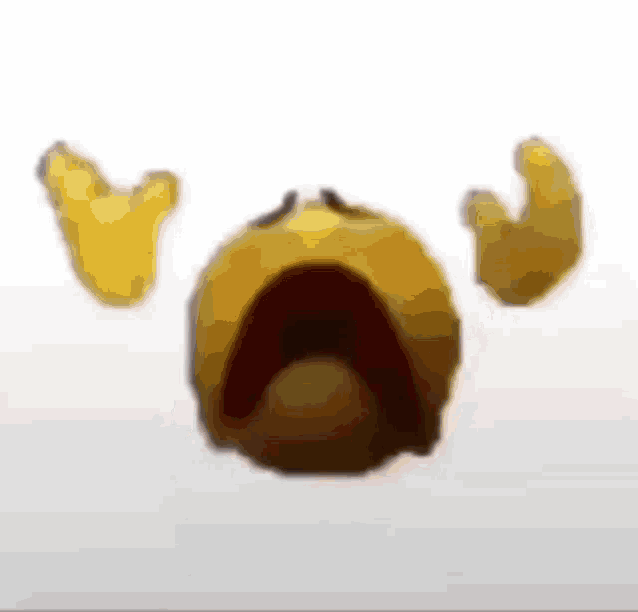 a yellow smiley face is crying with its mouth open and arms outstretched .