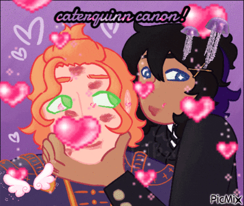 a couple of cartoon characters with the name caterquinn canon written on the bottom