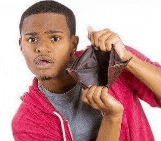 a man in a red hoodie is holding an empty wallet .