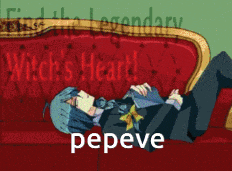 a cartoon character is laying on a red couch and the word pepeve is visible