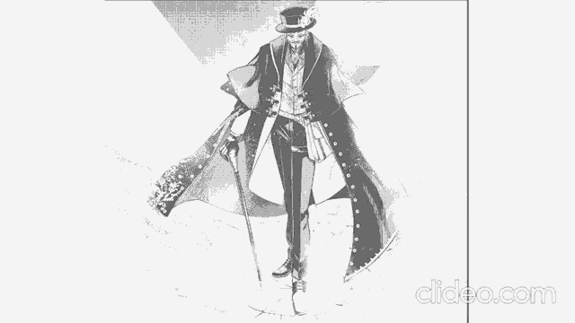 a black and white image of a man in a top hat holding a cane and saying ripper .