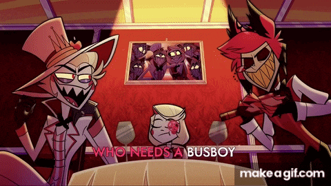 a group of cartoon characters sitting at a table with the words who needs a busboy written below them