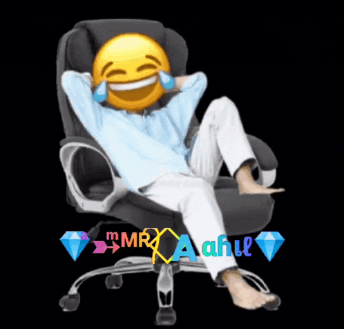 a man sitting in an office chair with a smiley face on his head