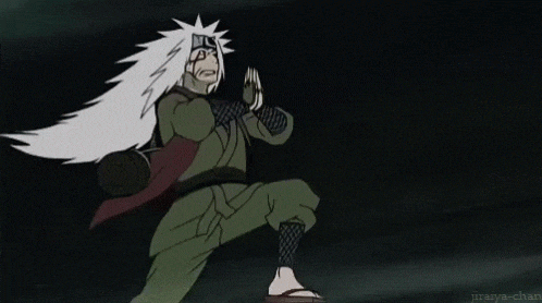 a cartoon of a ninja with a long white hair is jumping in the air in a dark room .