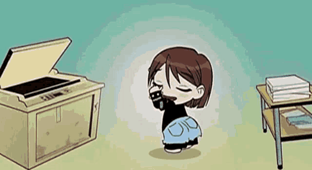 a cartoon of a girl standing next to a printer and a table with stacks of books on it .
