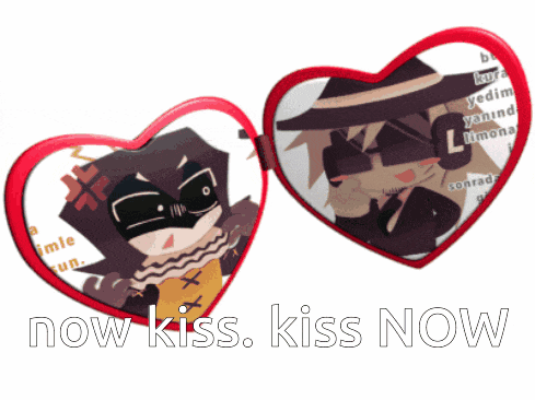 a heart shaped mirror with a picture of a man and the words now kiss kiss now below it