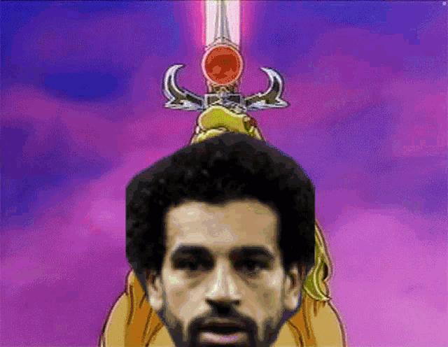 a man with a beard is holding a sword above his head
