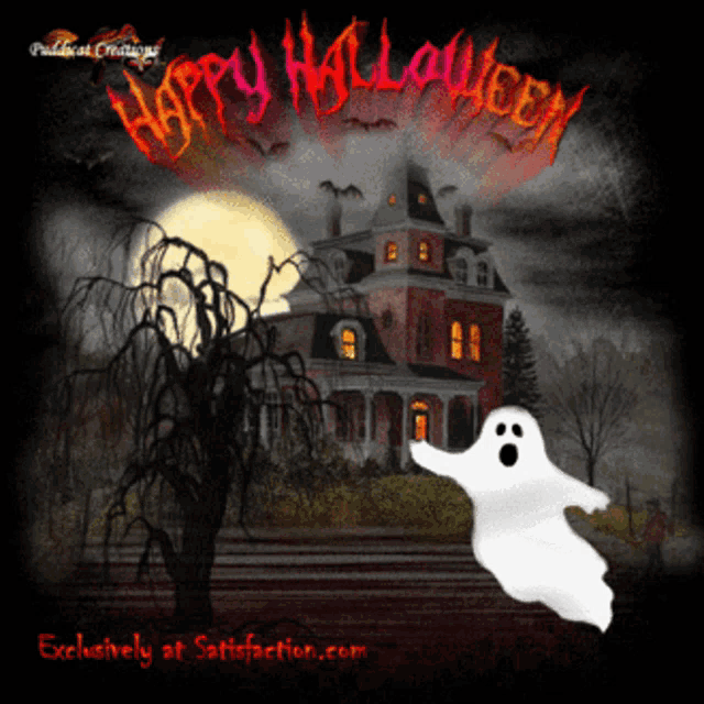 a picture of a haunted house with a ghost and the words " happy halloween "