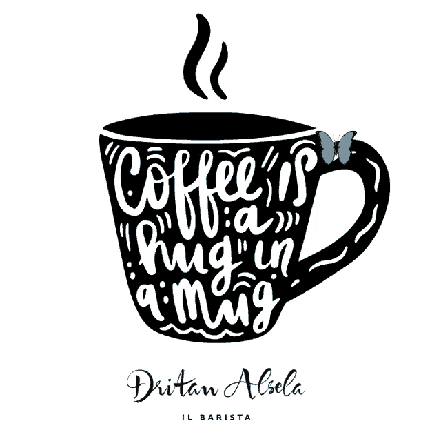 a black coffee cup with the words coffee is a hug in a mug on it