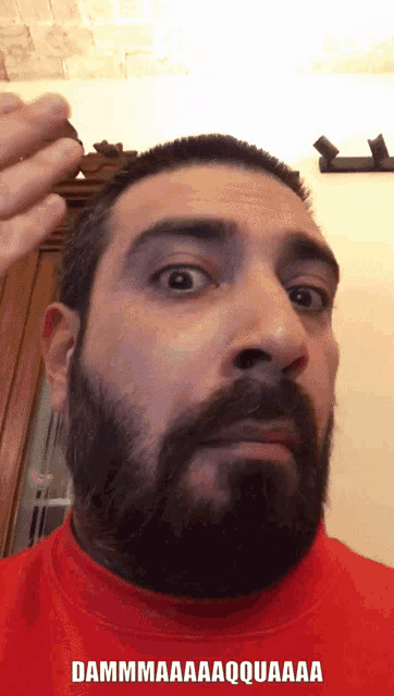 a man with a beard is wearing a red shirt that says dammmaaaaquaaa