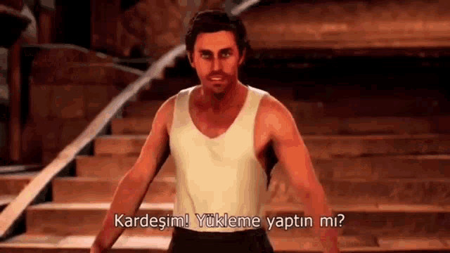 a man in a white tank top is standing on a set of stairs and talking in a video game .