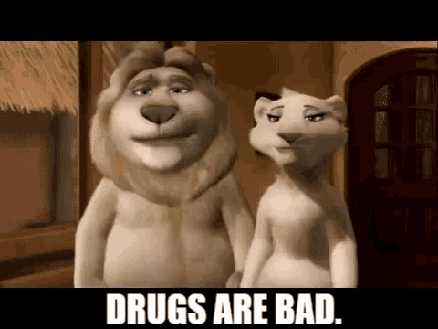 a lion and a lioness are standing next to each other with the words drugs are bad written below them