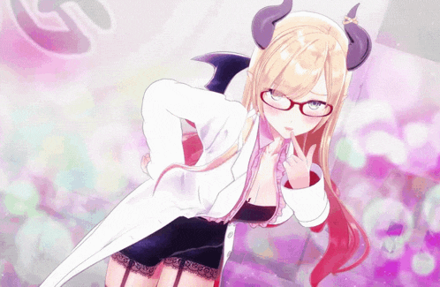 a girl with horns and glasses is wearing a lab coat