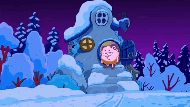 a cartoon character stands in front of a snowy house with the number 6 on it