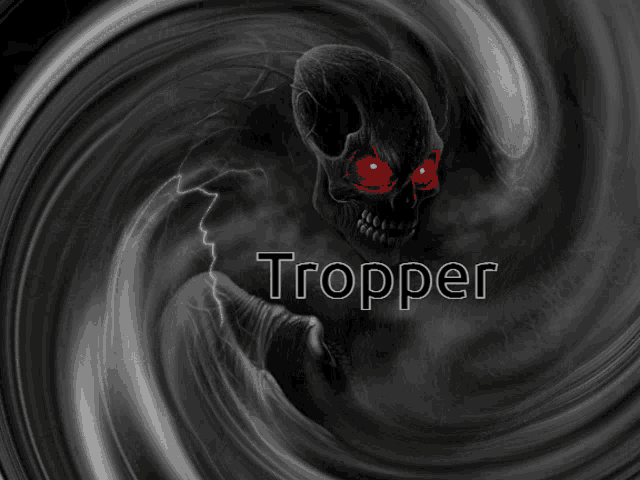 a picture of a skull with red eyes and the name trooper on it