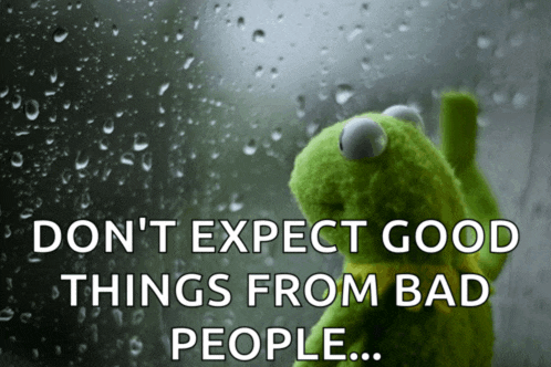 kermit the frog looking out a window with the words " don 't expect good things from bad people "