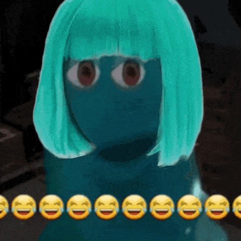 a girl with green hair is surrounded by yellow laughing emojis