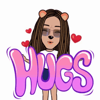 a cartoon girl with a teddy bear head is holding a sign that says hugs .