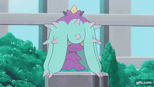 a purple and green cartoon character is sitting on a ledge .