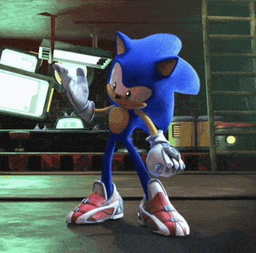sonic the hedgehog is standing in a dark room with a ladder