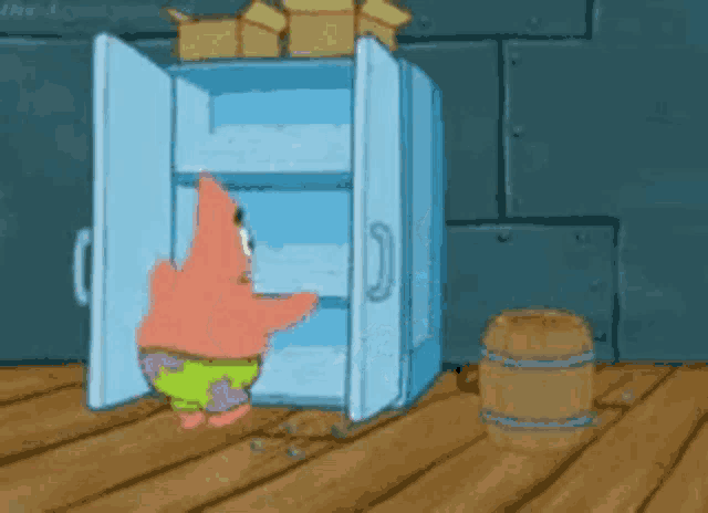 patrick star from spongebob squarepants is standing in front of a door with a light coming out of it