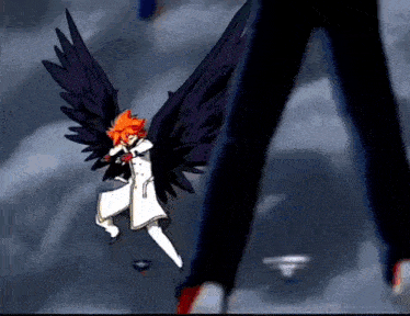 a cartoon character with black wings is being attacked by a person