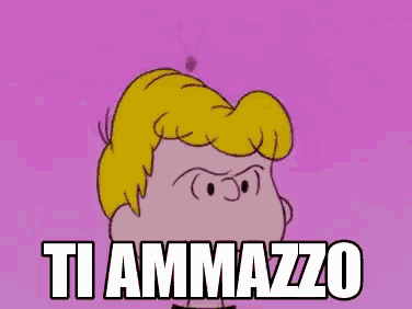 a cartoon character with a purple smoke coming out of his head says " ti ammazzo "