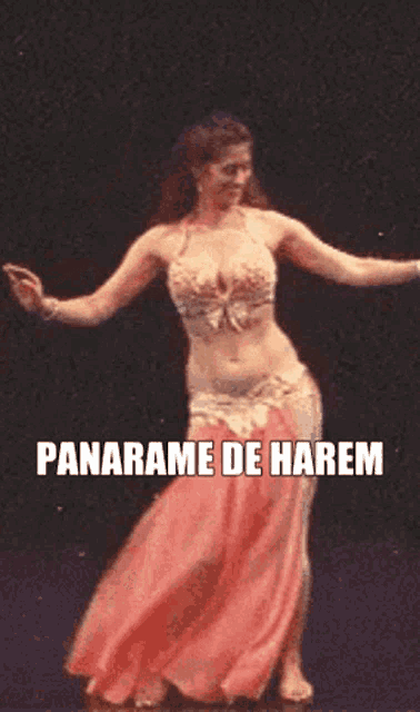a woman in a pink dress is dancing with the words panarame de harem above her