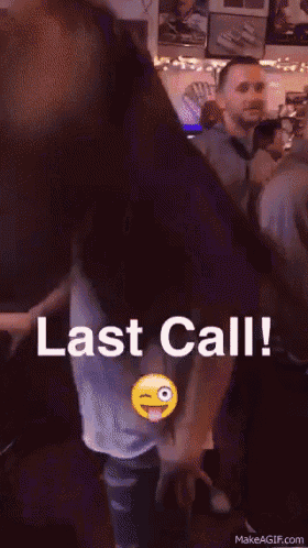 a group of people are dancing in a room with the words last call