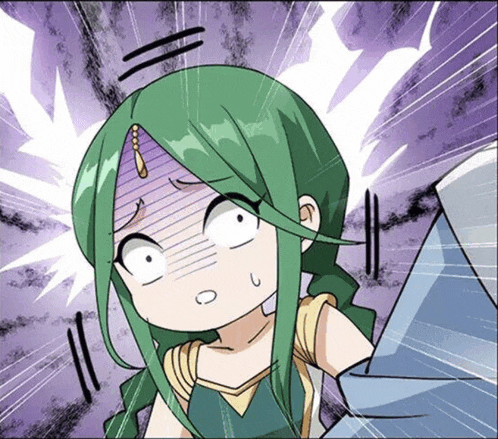 a cartoon of a girl with green hair and a surprised look on her face