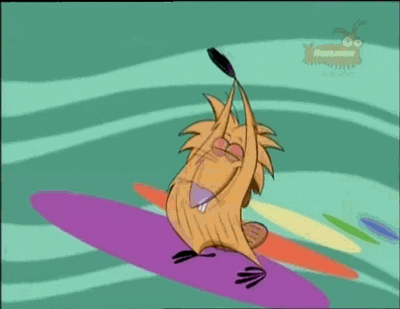 a cartoon of a beaver riding a surfboard with his arms in the air .