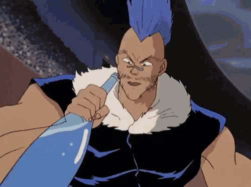 a man with a mohawk holds a bottle of water in his hand