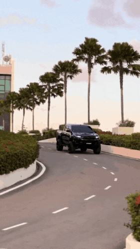 a black truck is driving down a curvy road with palm trees in the background